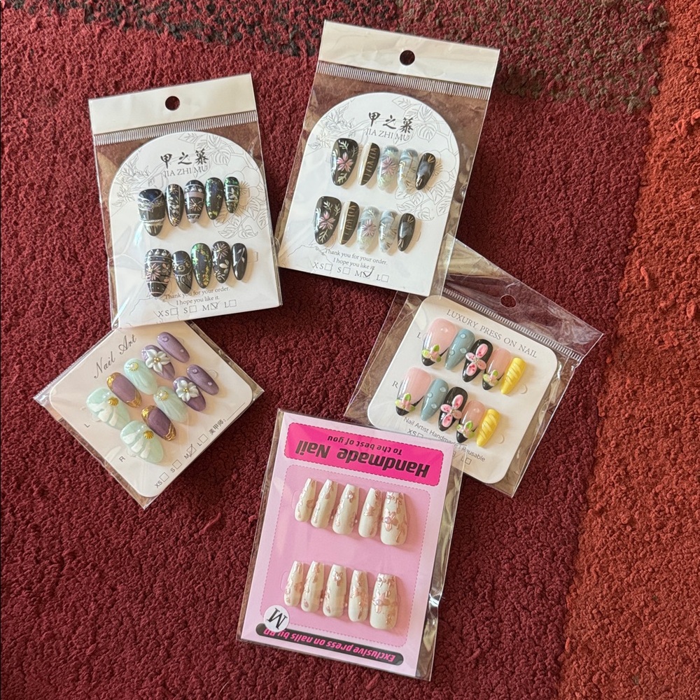 Bundle of 5 Press-On Nail Sets; Various Colors & Designs; Like New